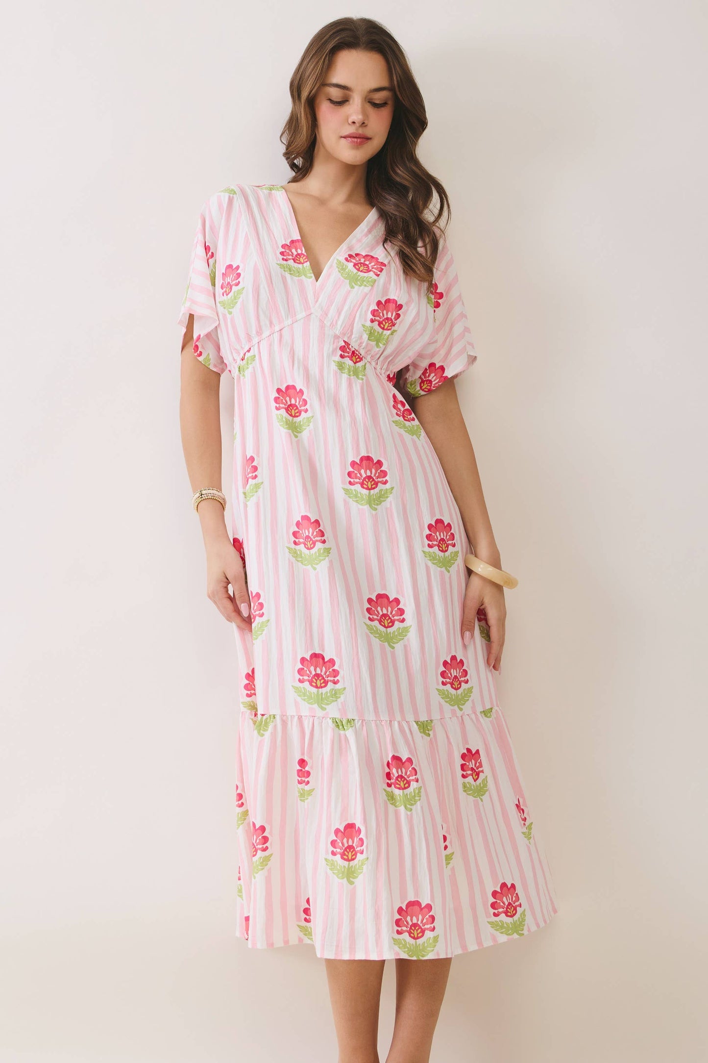 Floral Stripe Print V Neck Midi Dress in Pink