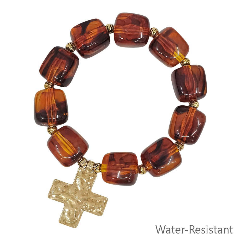 Chunky Beaded Brown Bracelet with Cross Pendant