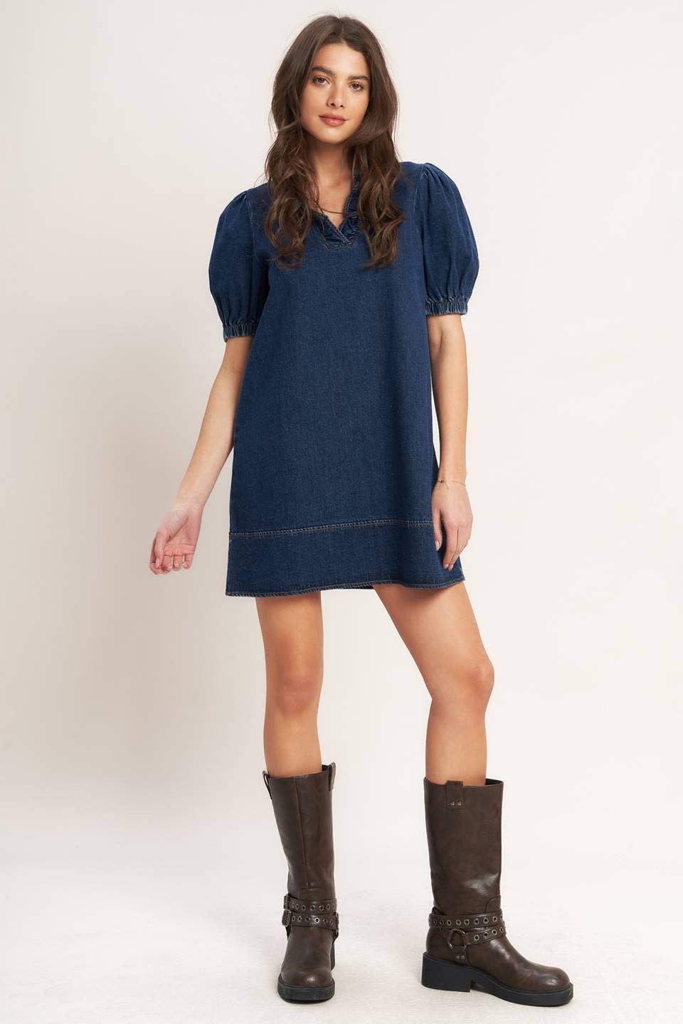 Dark Denim Ruffle Neck Dress