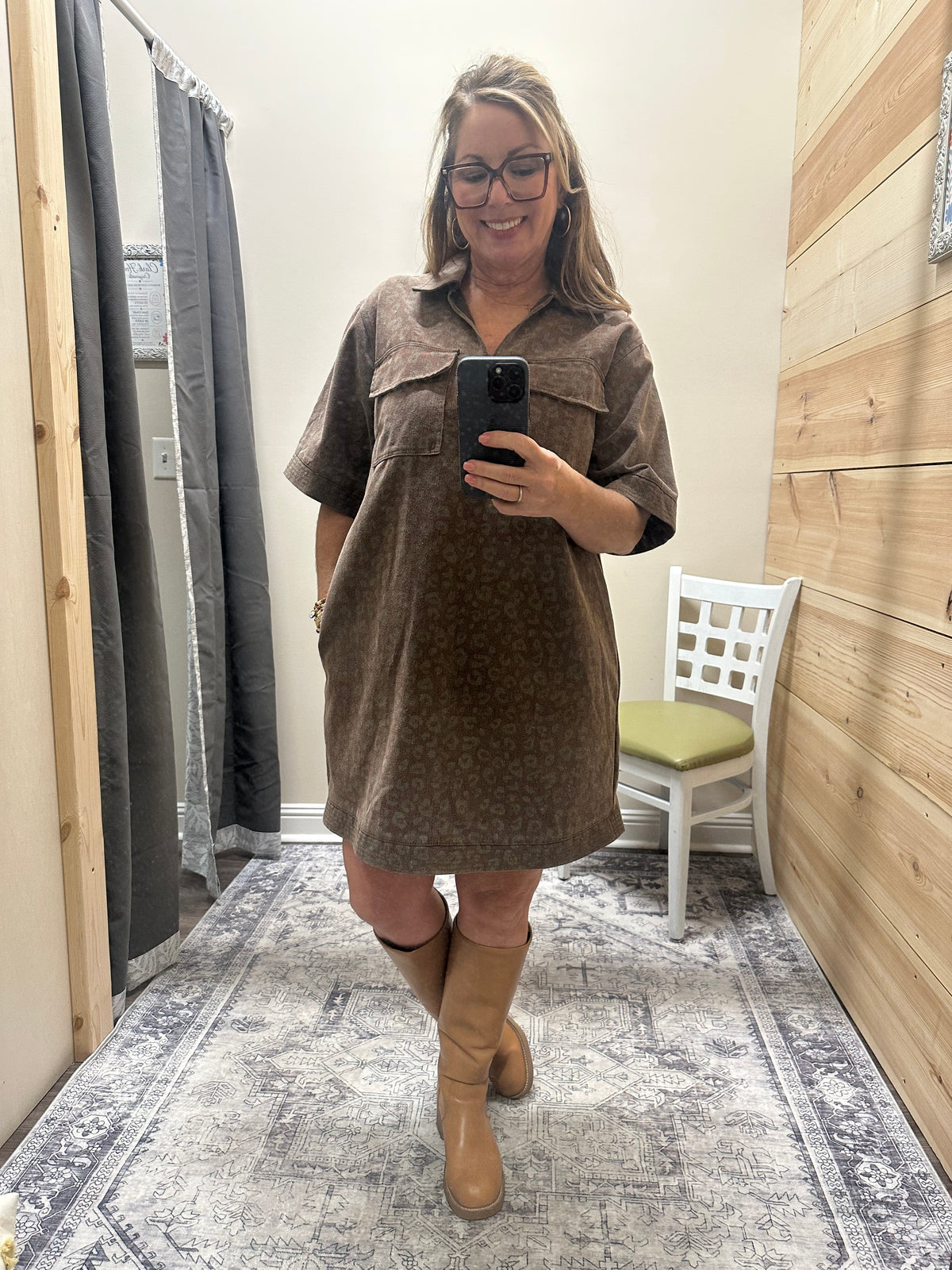 Leopard Print Denim Dress in Brown