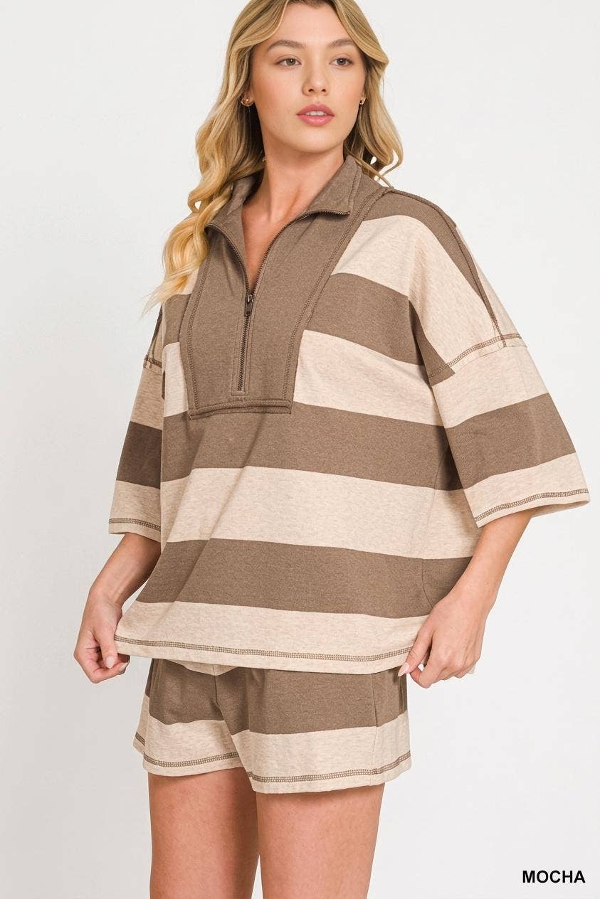 French Terry Striped Half Zip High Neck Top & Shorts Set in Mocha