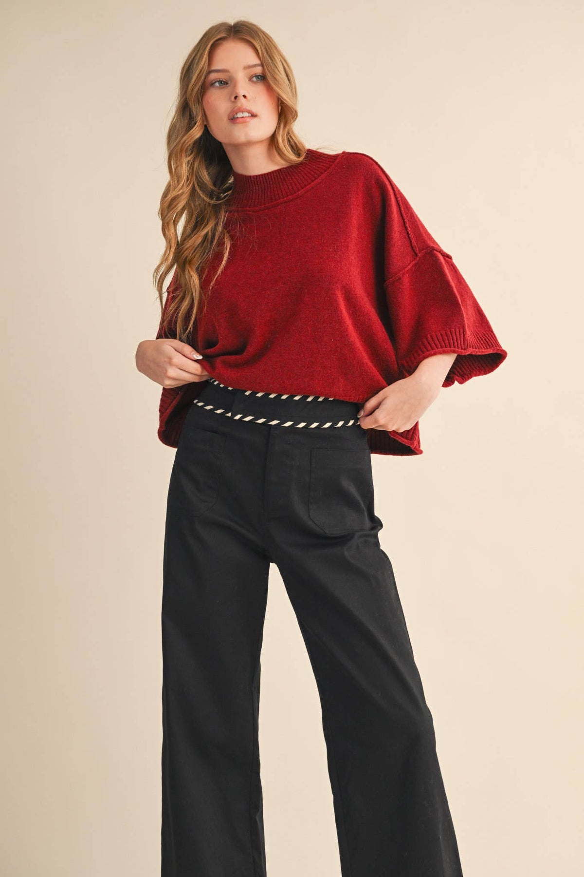 Macy Mock Neck Short Sleeve Sweater in Wine