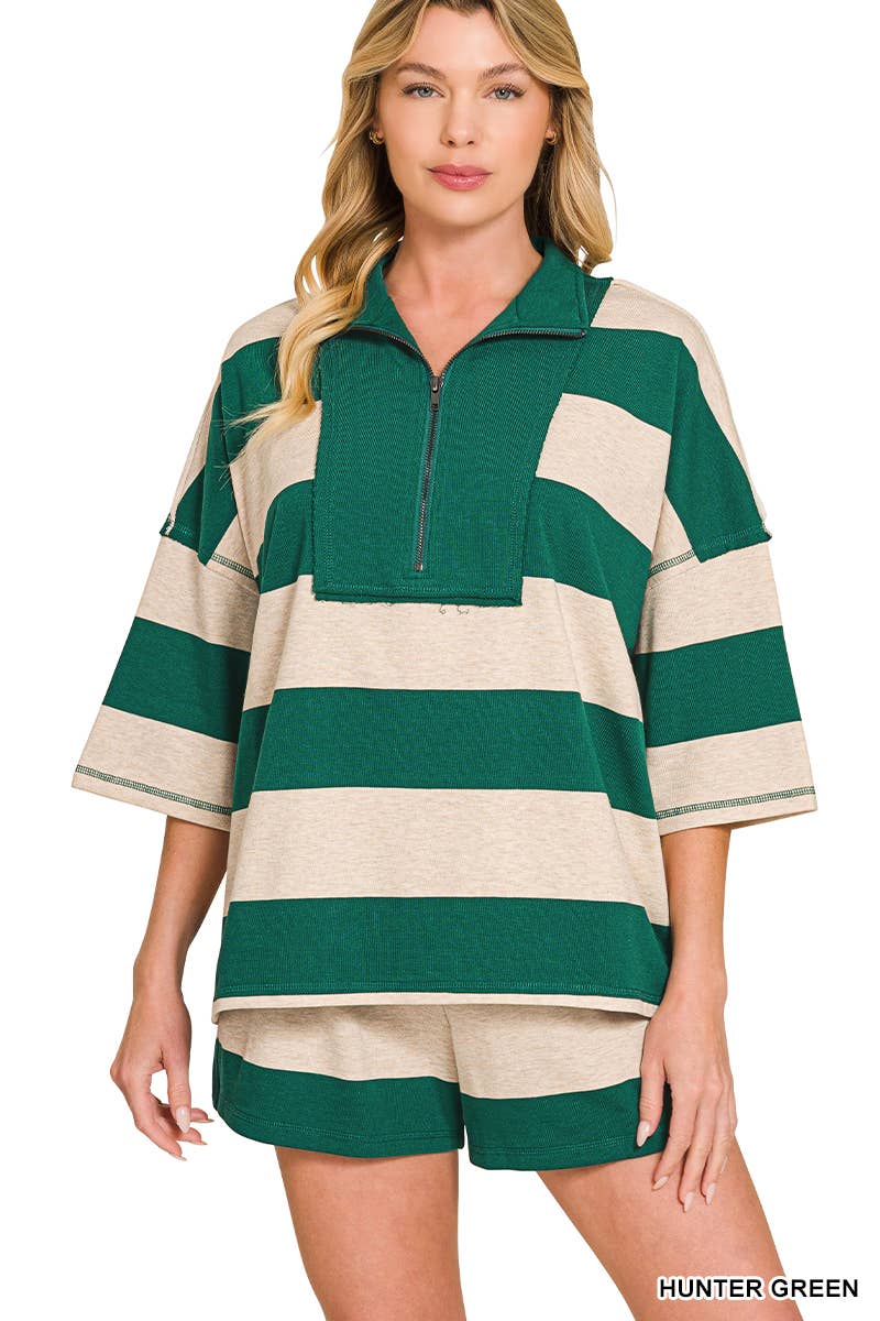 French Terry Striped Half Zip High Neck Top & Shorts Set in Hunter Green