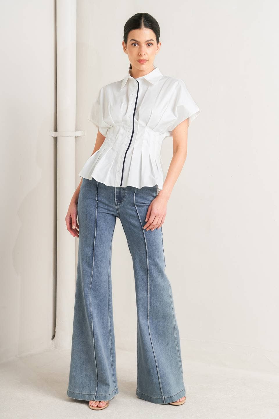 Pleated Waist Peplum Top in White