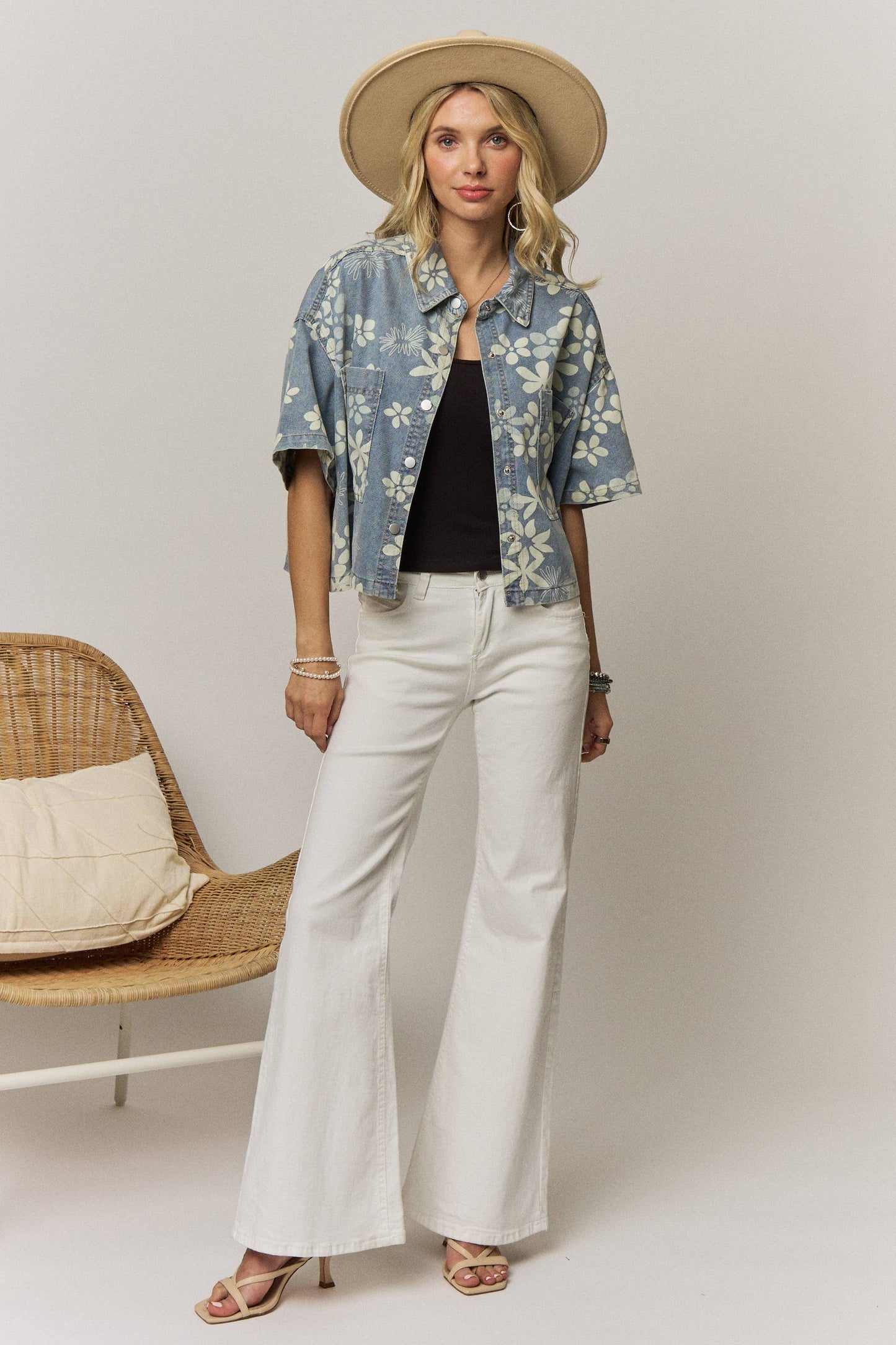 Floral Print Denim Snap Front Top/Jacket