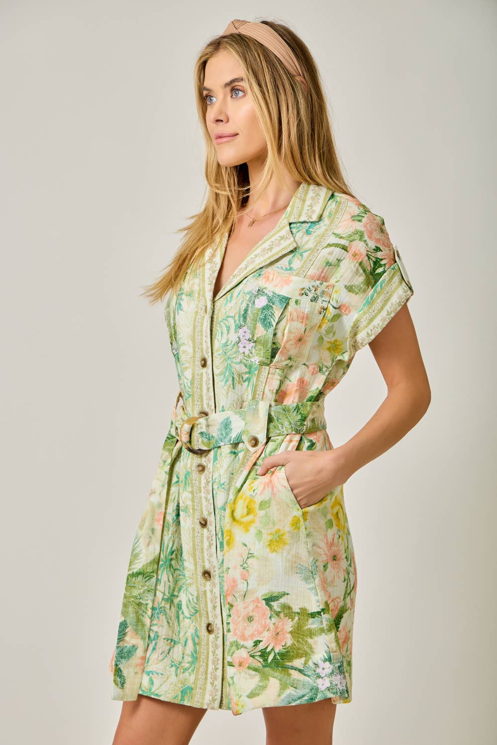 Tropical Floral Print Shirt Dress in Light Green