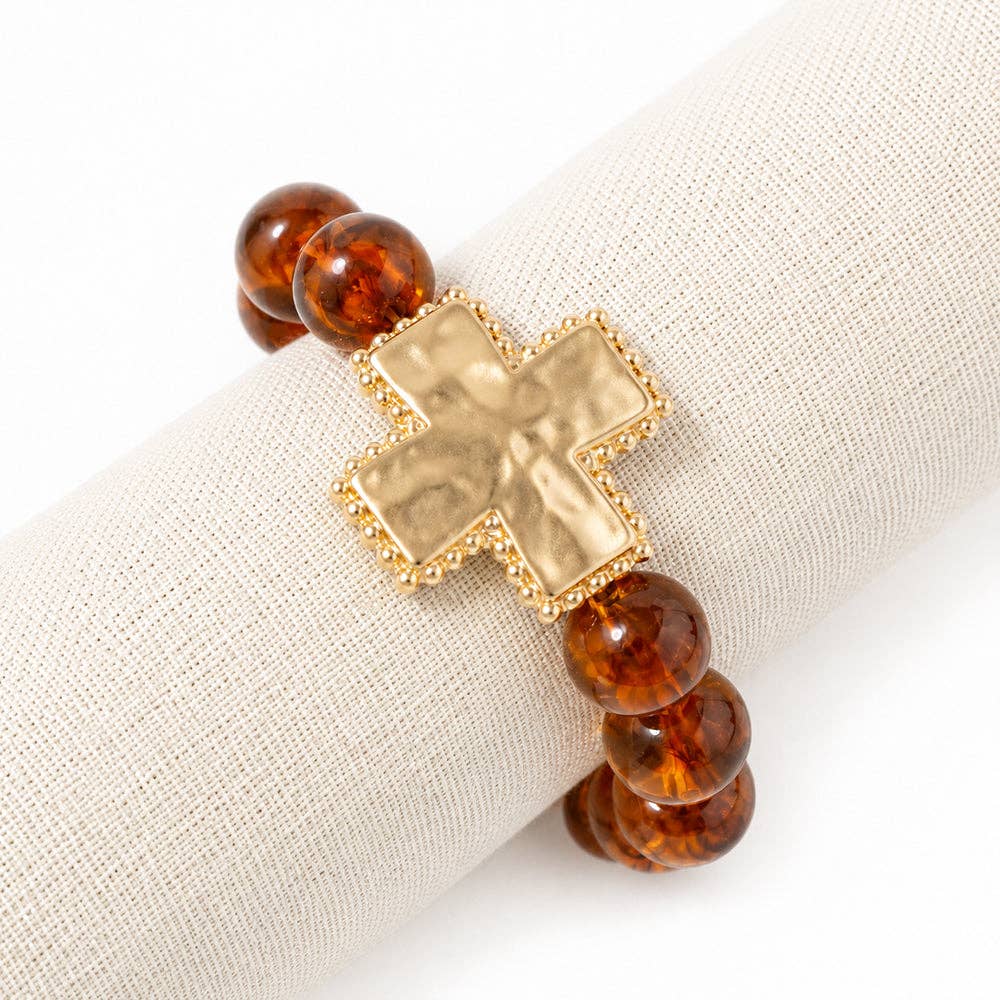 Chunky Brown Beaded Bracelet with Cross Pendant