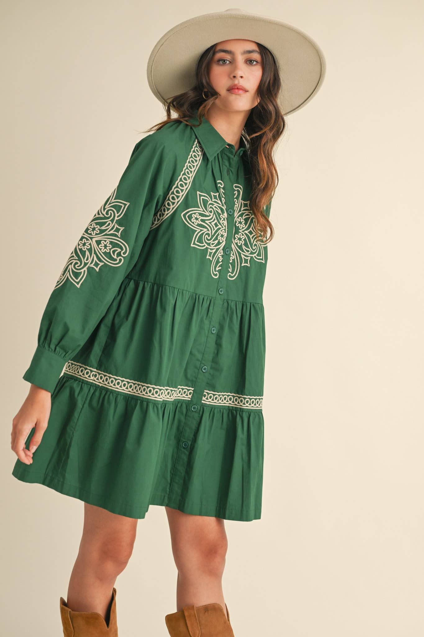 Embroidered Hunter Green Mini Dress
