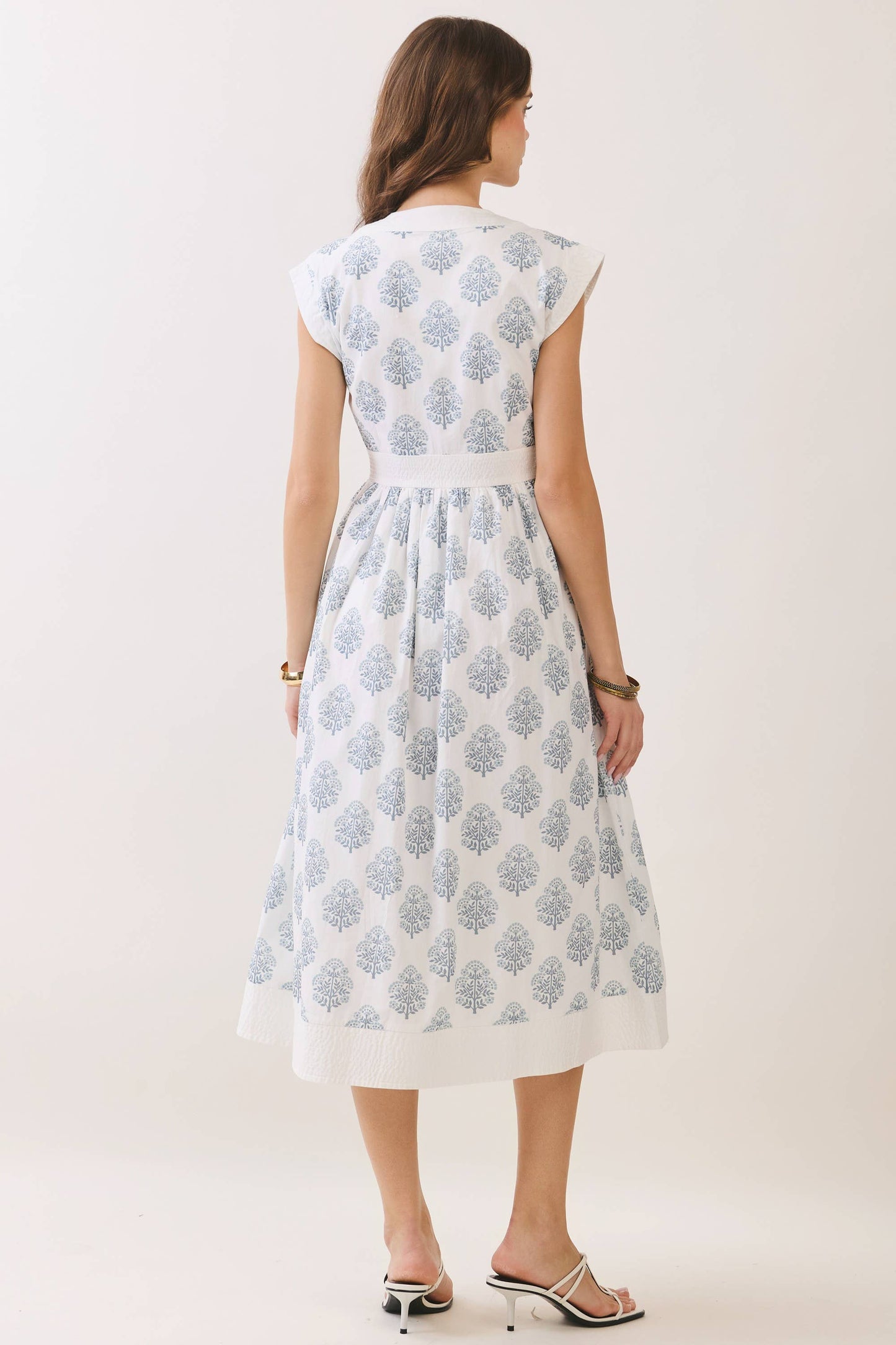 Floral Print Zipper Front Midi Dress in Blue and White