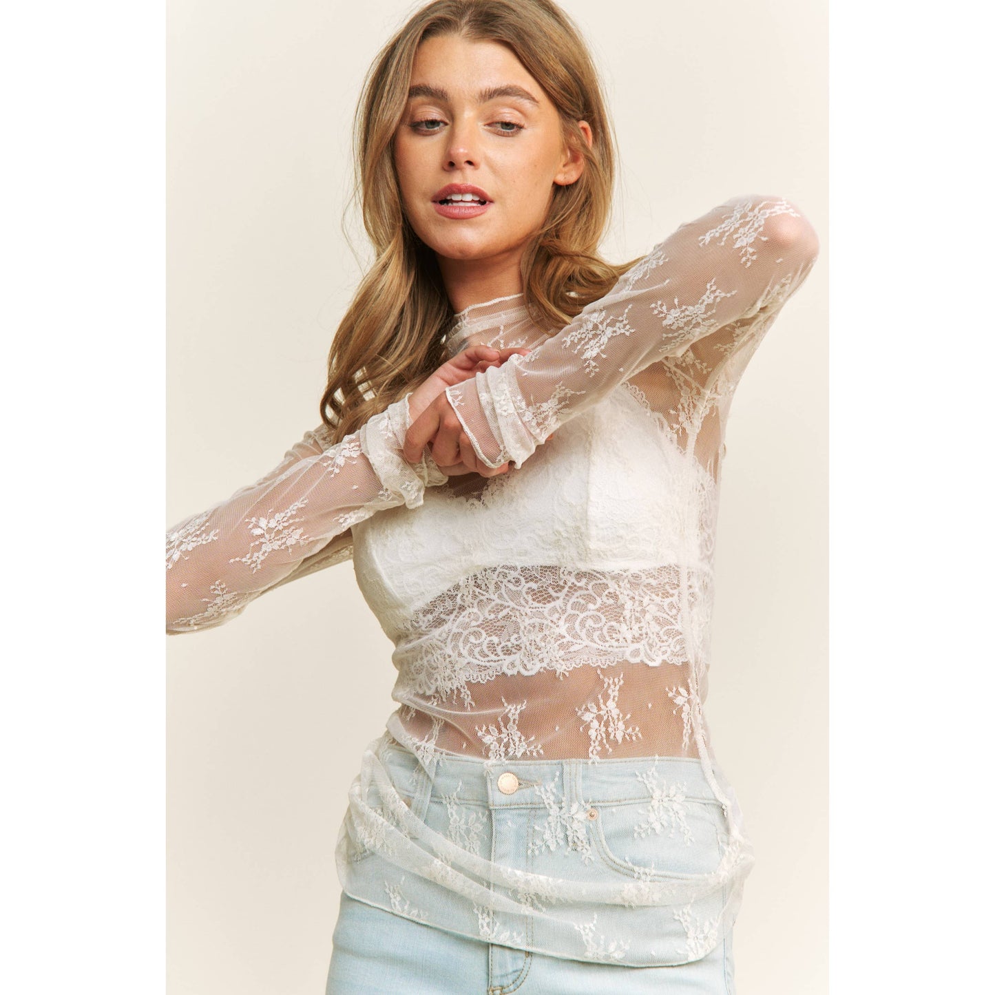Off White Sheer Lace High Neck Top
