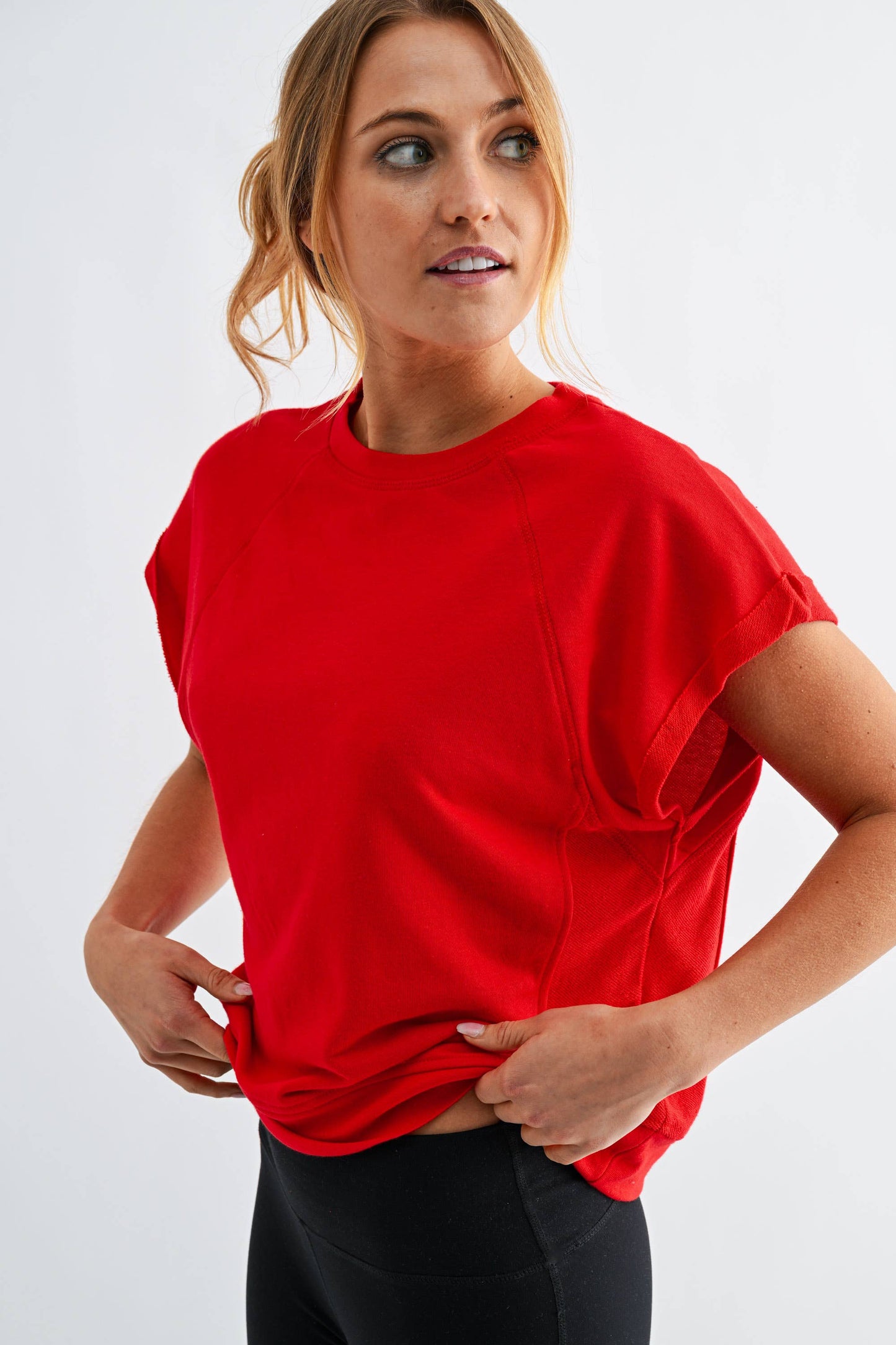 French Terry Cap Sleeve Top in Red