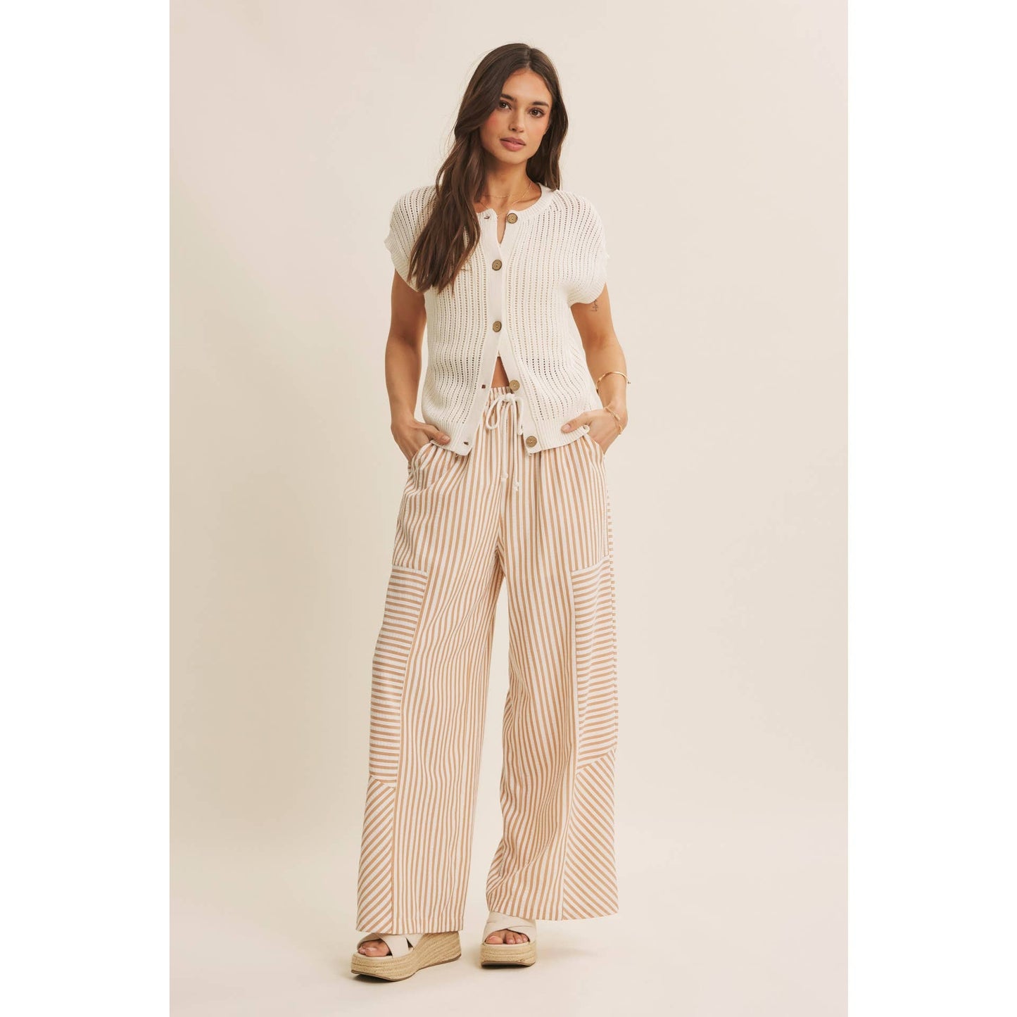 Striped Textured Wide Leg Pants in Tan