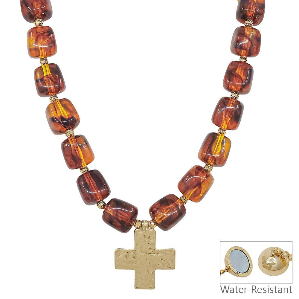 Chunky Beaded Brown Necklace with Cross Pendant
