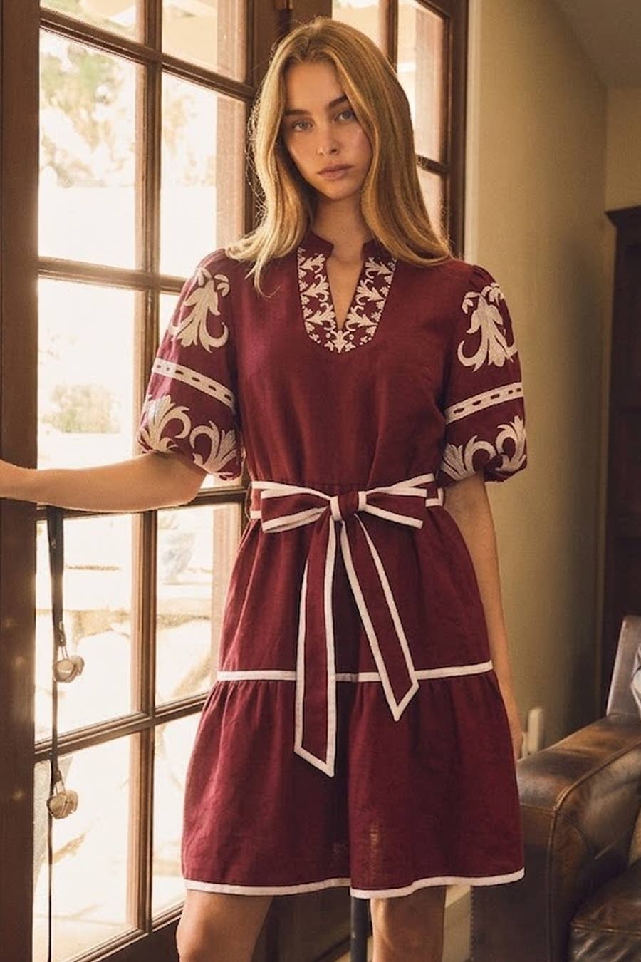 The Ansley Embroidered Dress in Burgundy