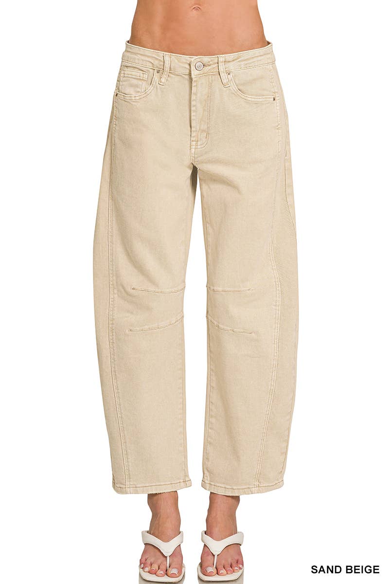 High Rise Barrel Leg Color Denim Pants in Beige