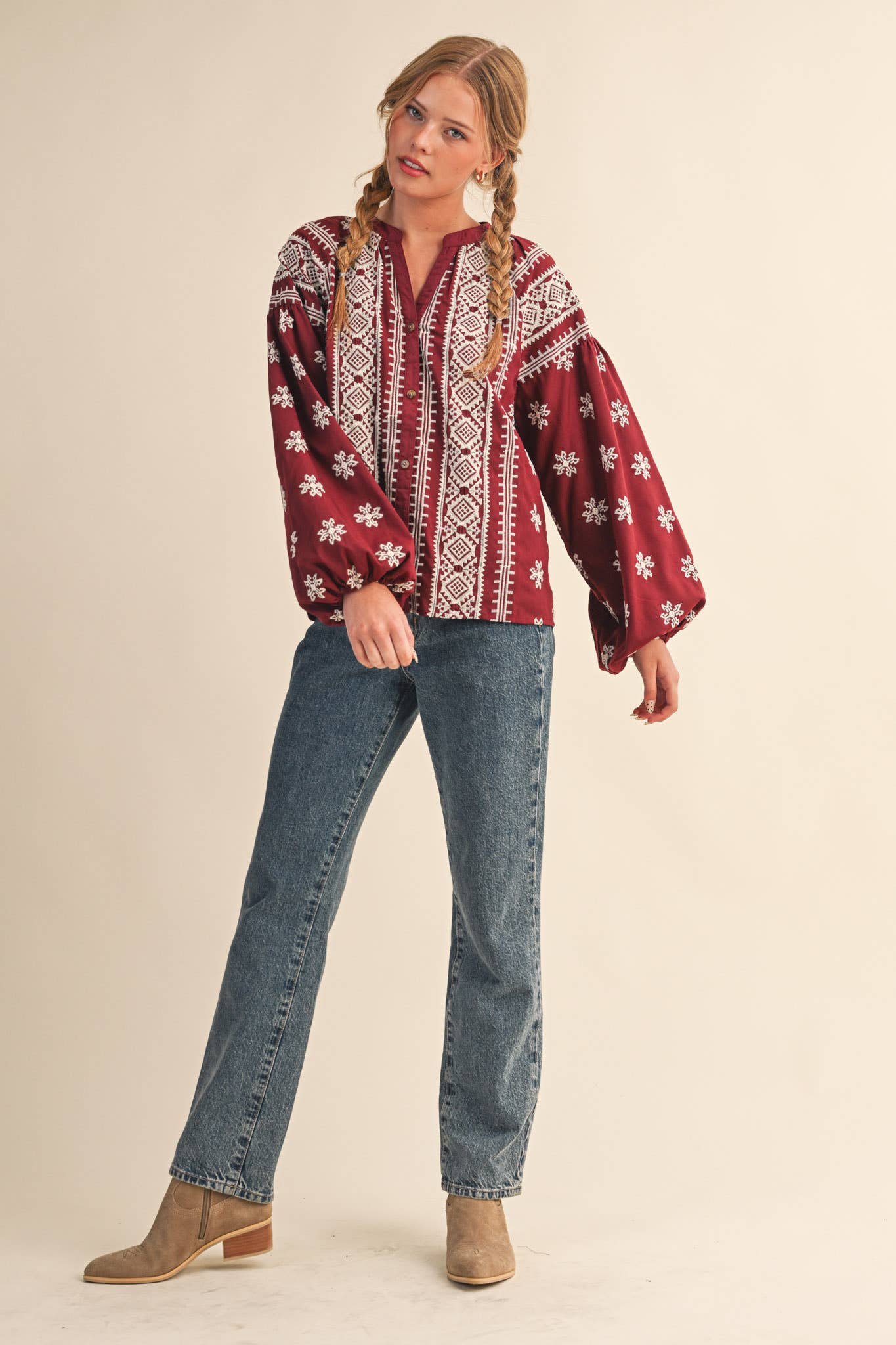 Embroidered Bubble Sleeve Top