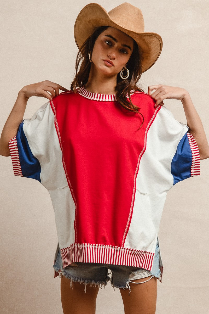 Oversized Short Sleeve Pullover in Red White and Blue
