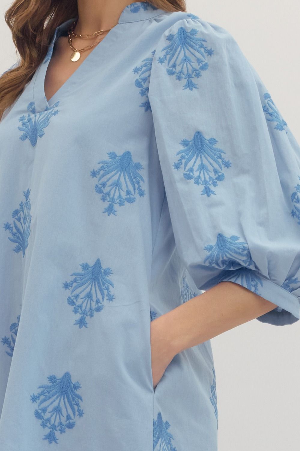 Blue Embroidered Print Mini Dress