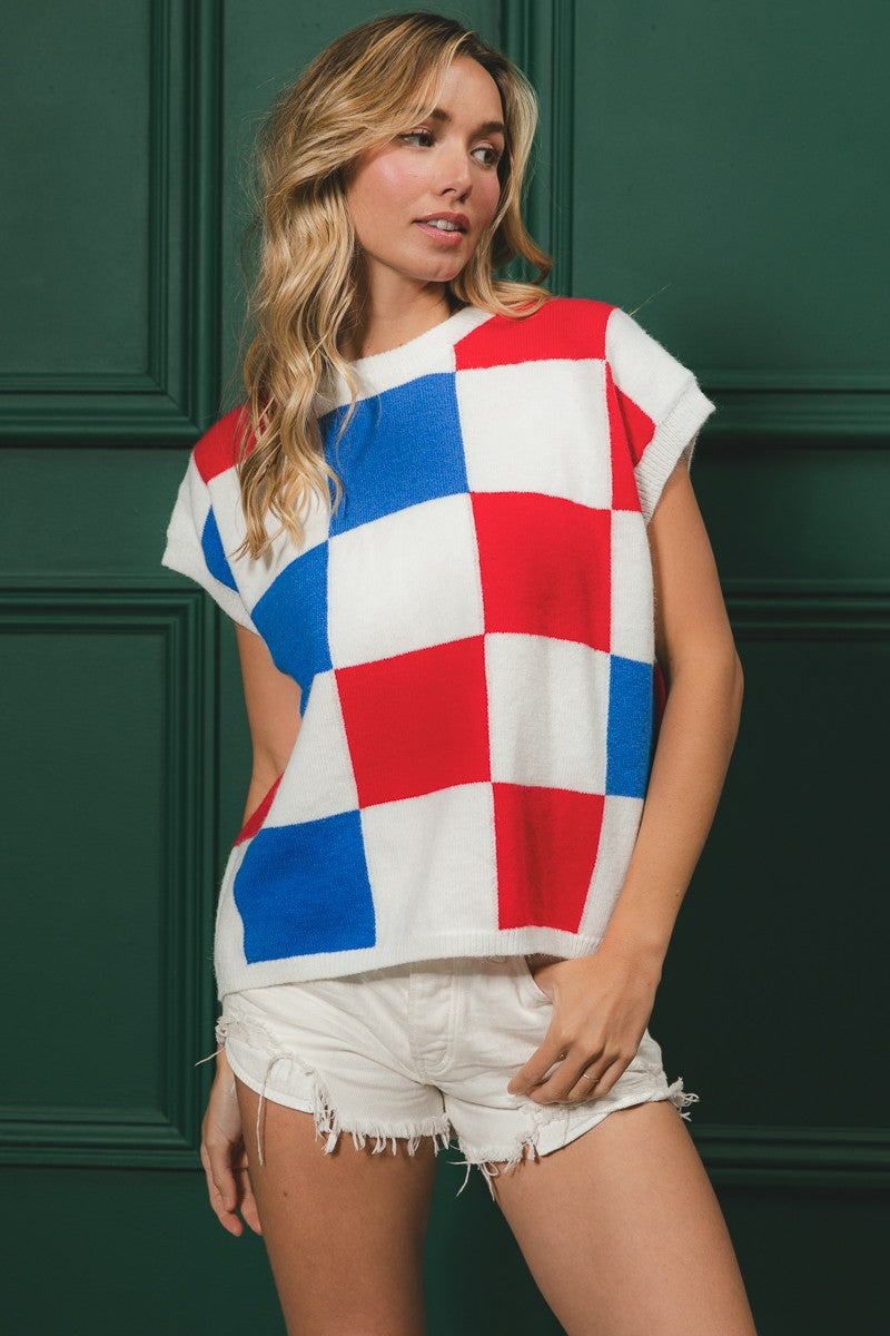 Red White and Blue Checkered Sweater Vest