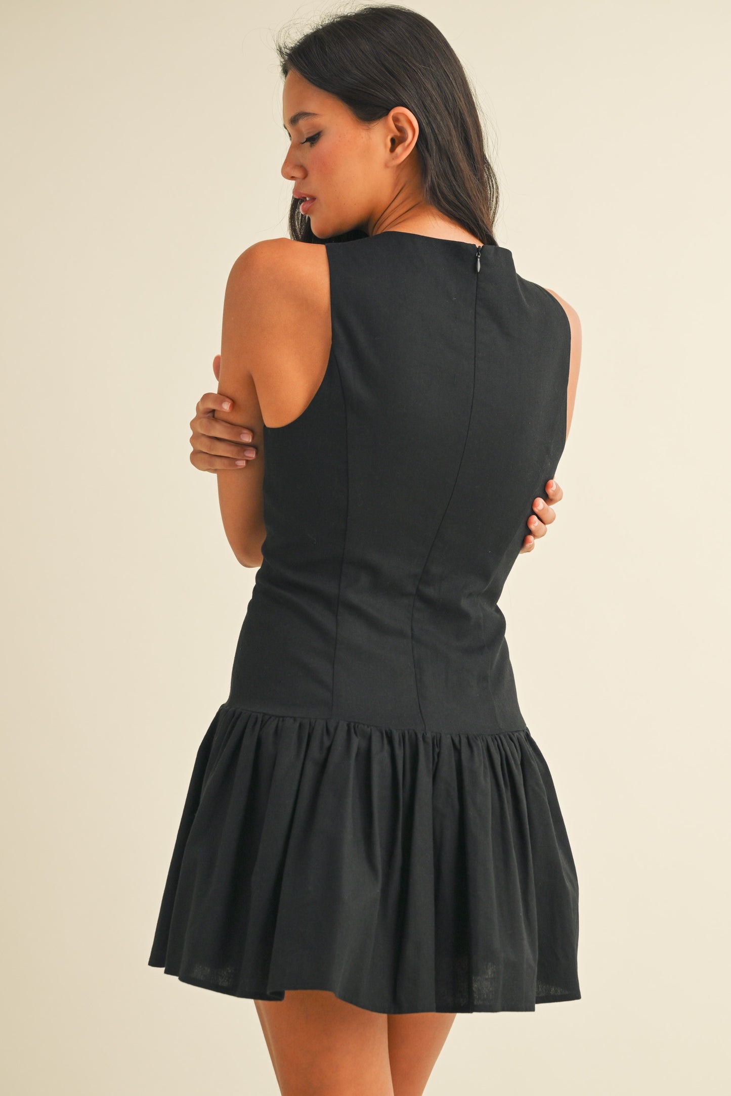 Drop Waist Button Detail Flared Mini Dress