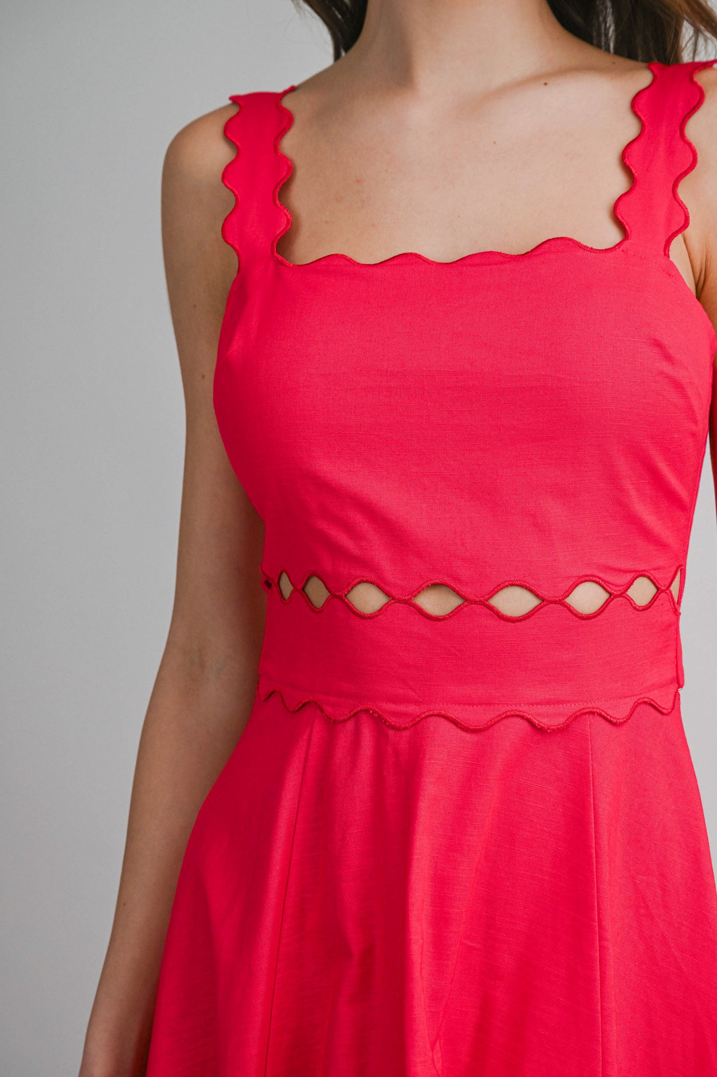 Red Scallop Trim Cut Out Midi Dress