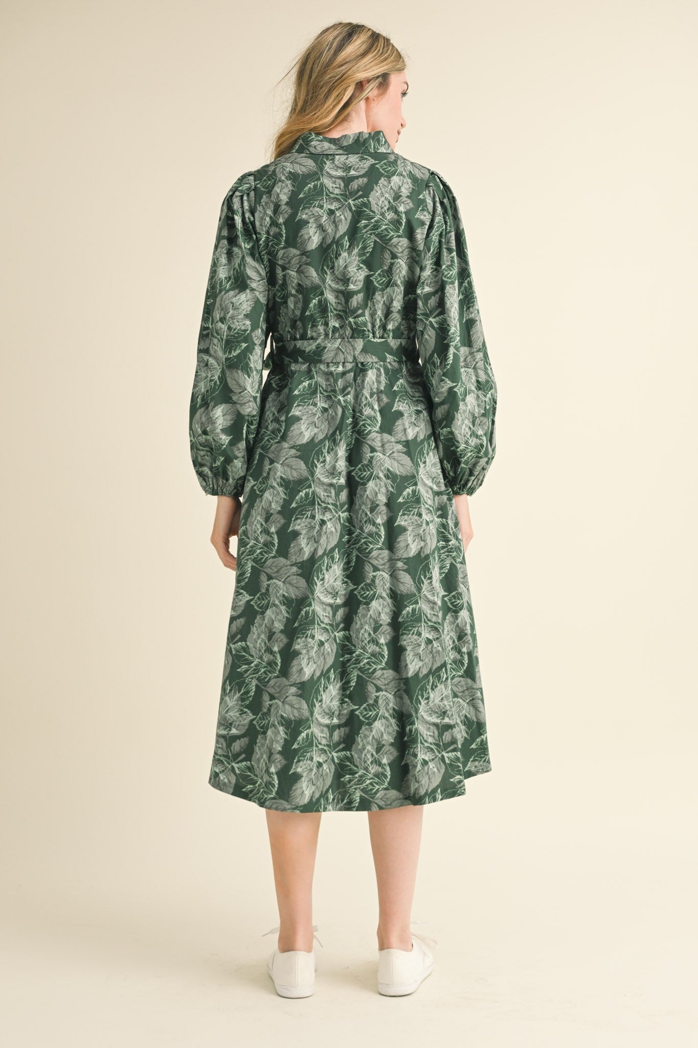Leaf Print Button Down Midi Dress