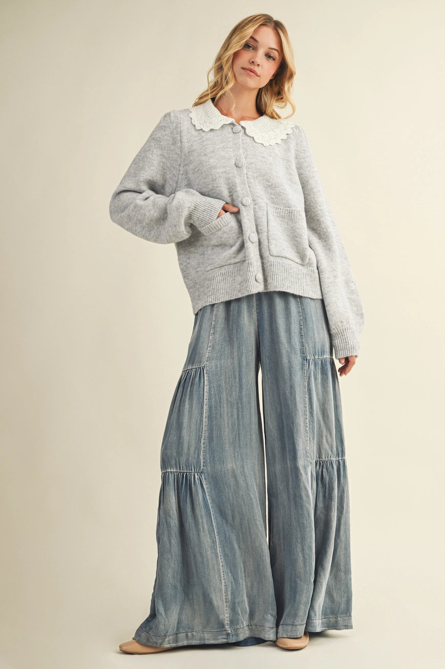 Ruffled Side, Washed Denim, Wide Leg Pant