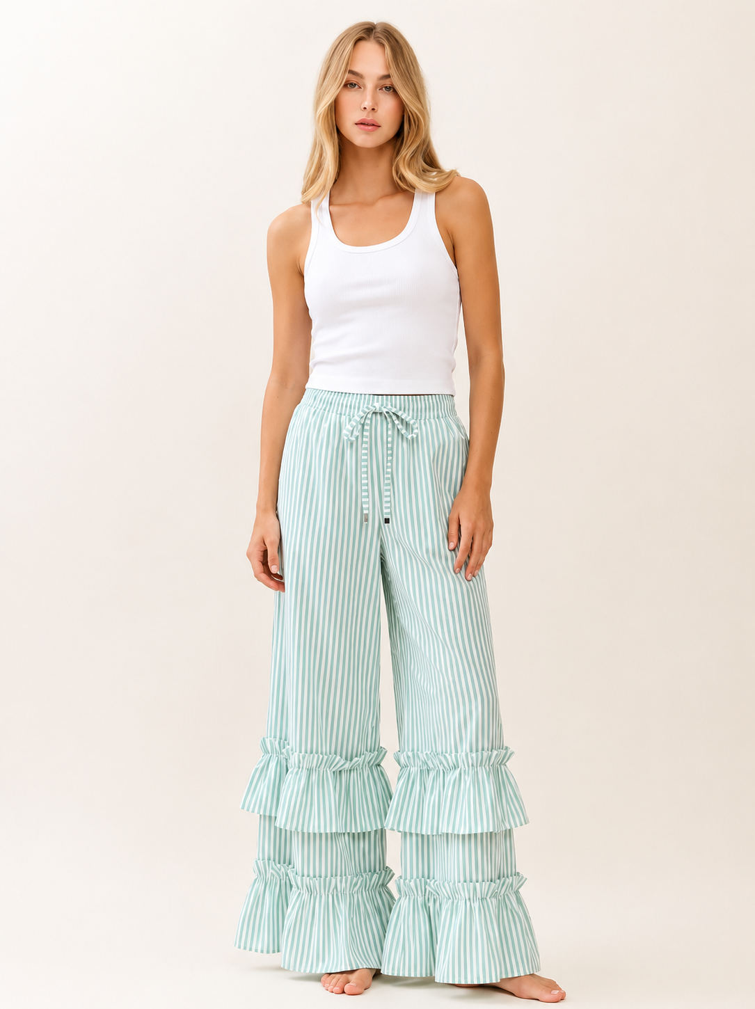 Ruffle Bottom Striped Pants in Mint