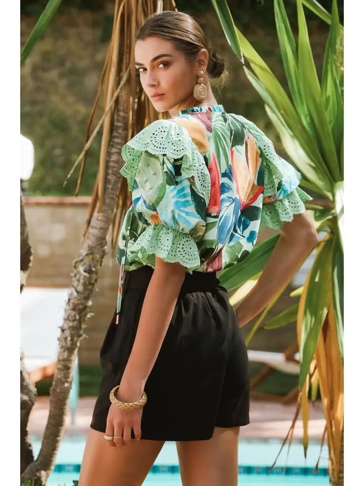 Topical Print Ruffle Sleeve Top