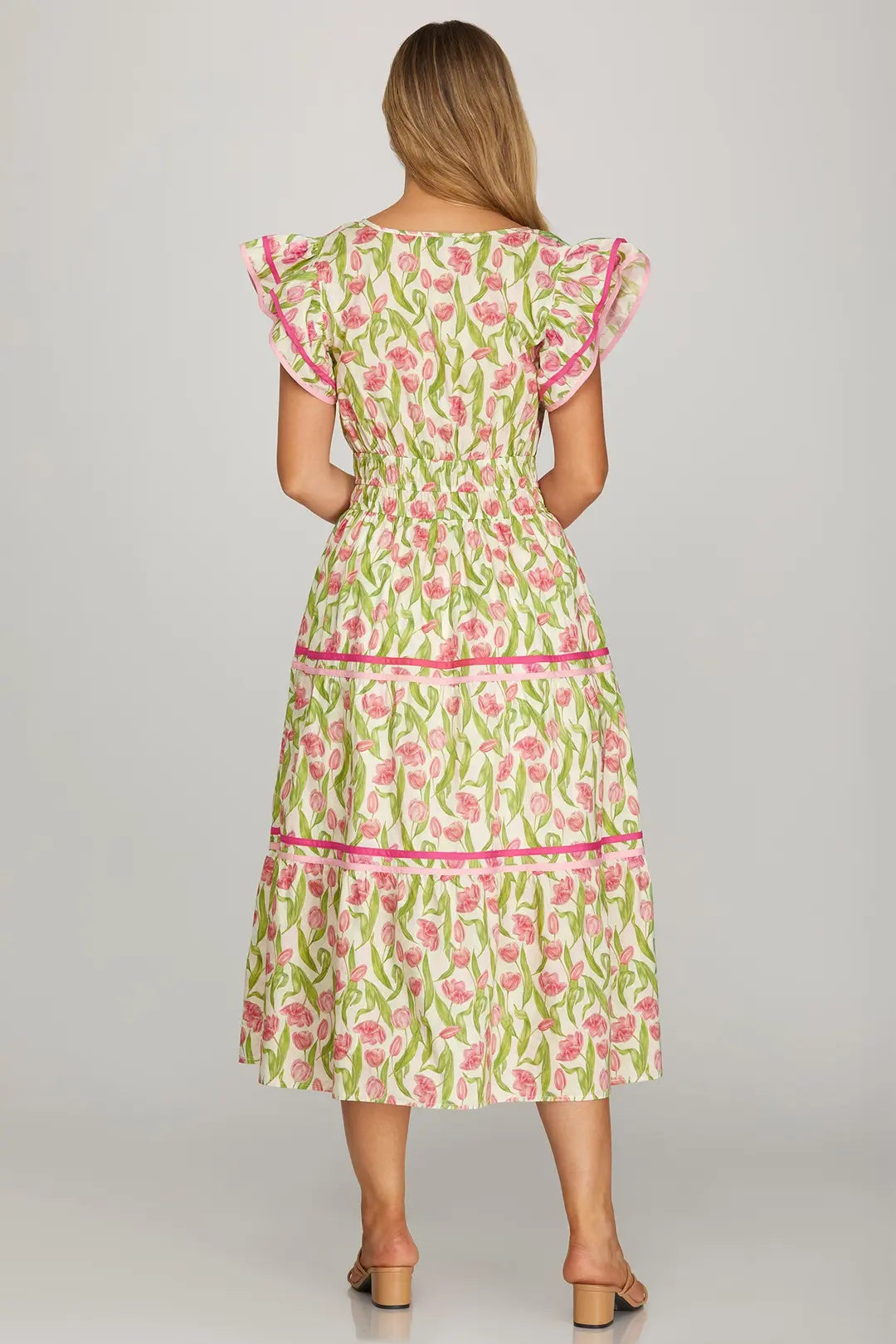 Pink Floral Print Midi Dress