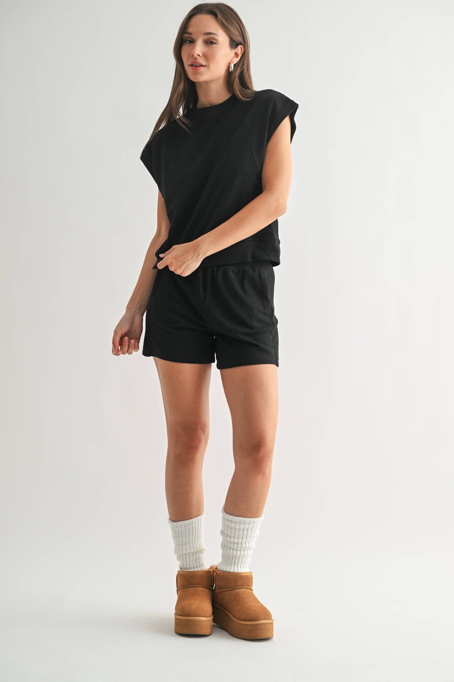 French Terry Cap Sleeve Top in Black