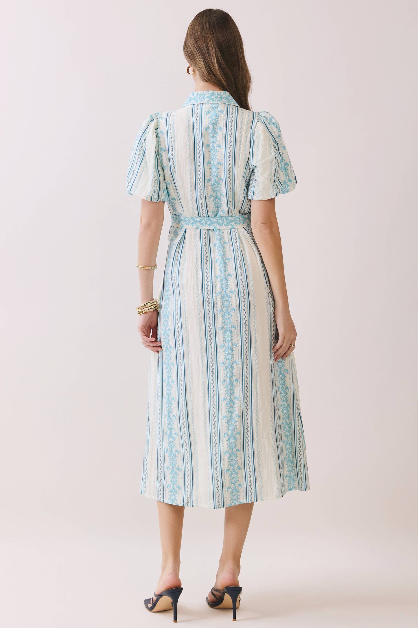 Striped Puff Sleeve Tie Waist Midi Dress in Blue and White