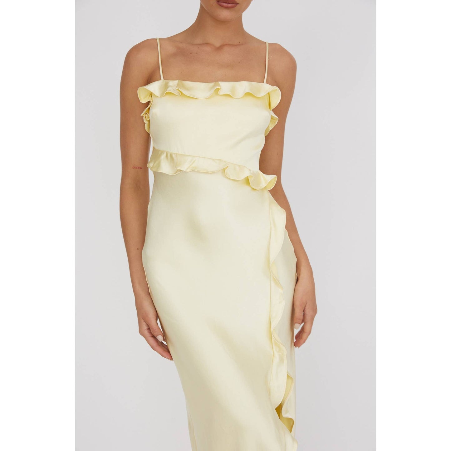 Satin Ruffle Trim Dress in Lemon