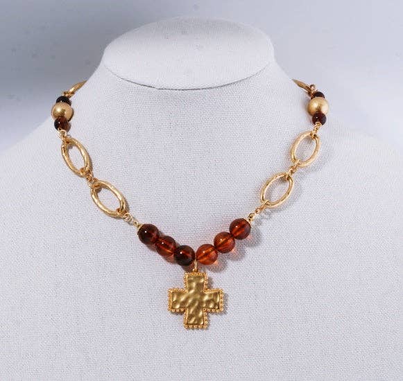 Brown Beaded and Open Gold Chain Necklace with Cross Pendant