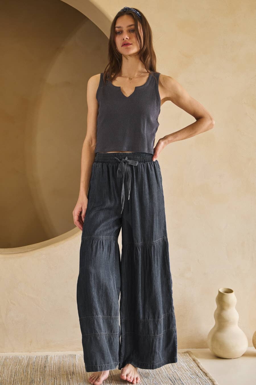 Washed Denim Tiered Wide Leg Pants