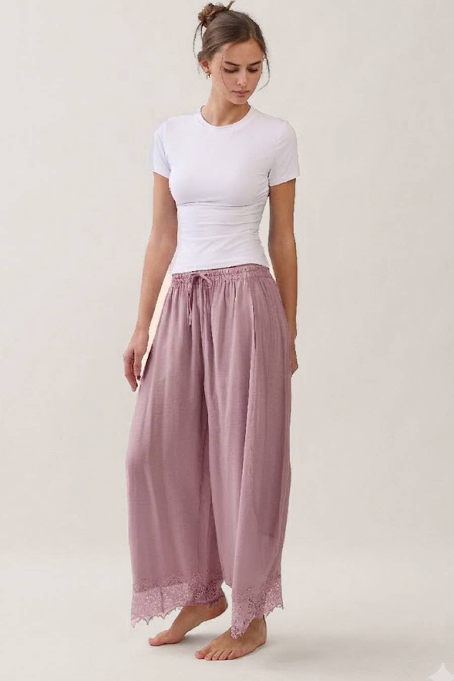 Mauve Lace-Trim Wide Leg Pants