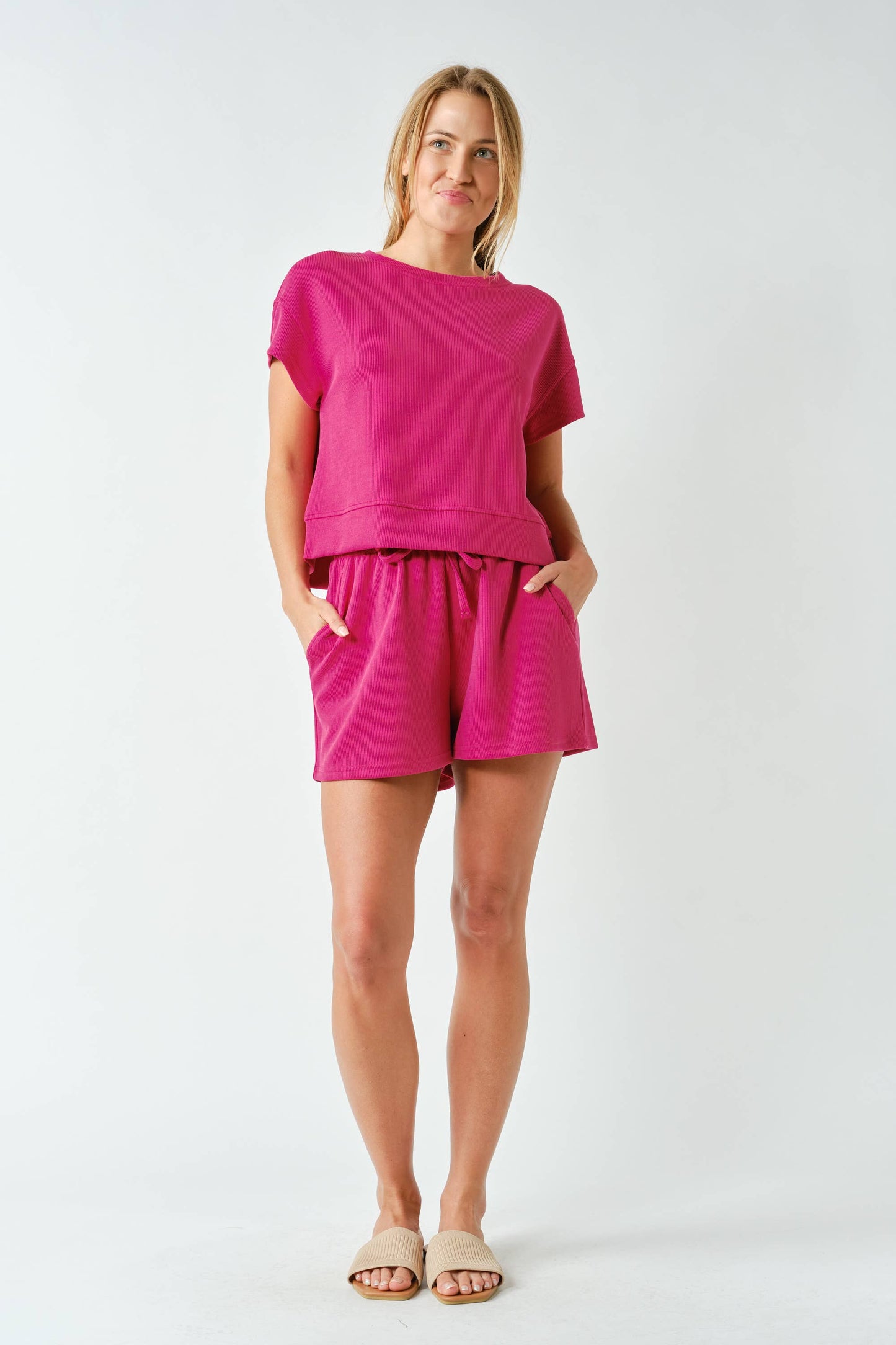 Luxe Sand Wash Rib Classic Tee Set in Berry