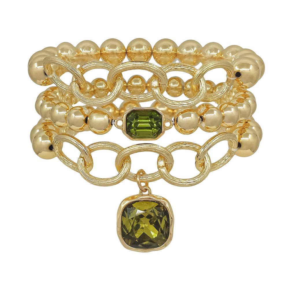 Gold Stretch Bracelet Set with Olive Green Accents