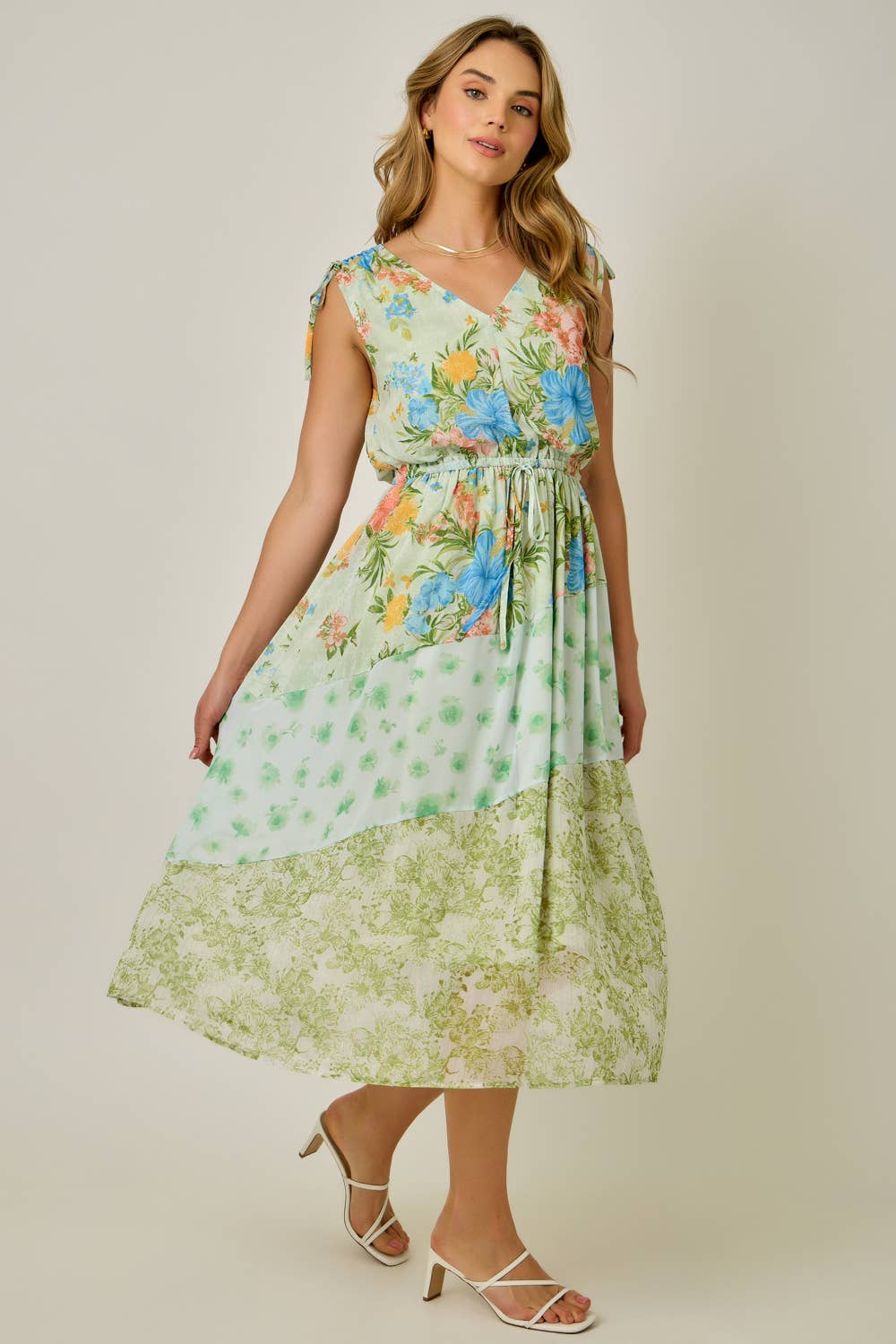 Shoulder Tie Mixed Print Dress in Green