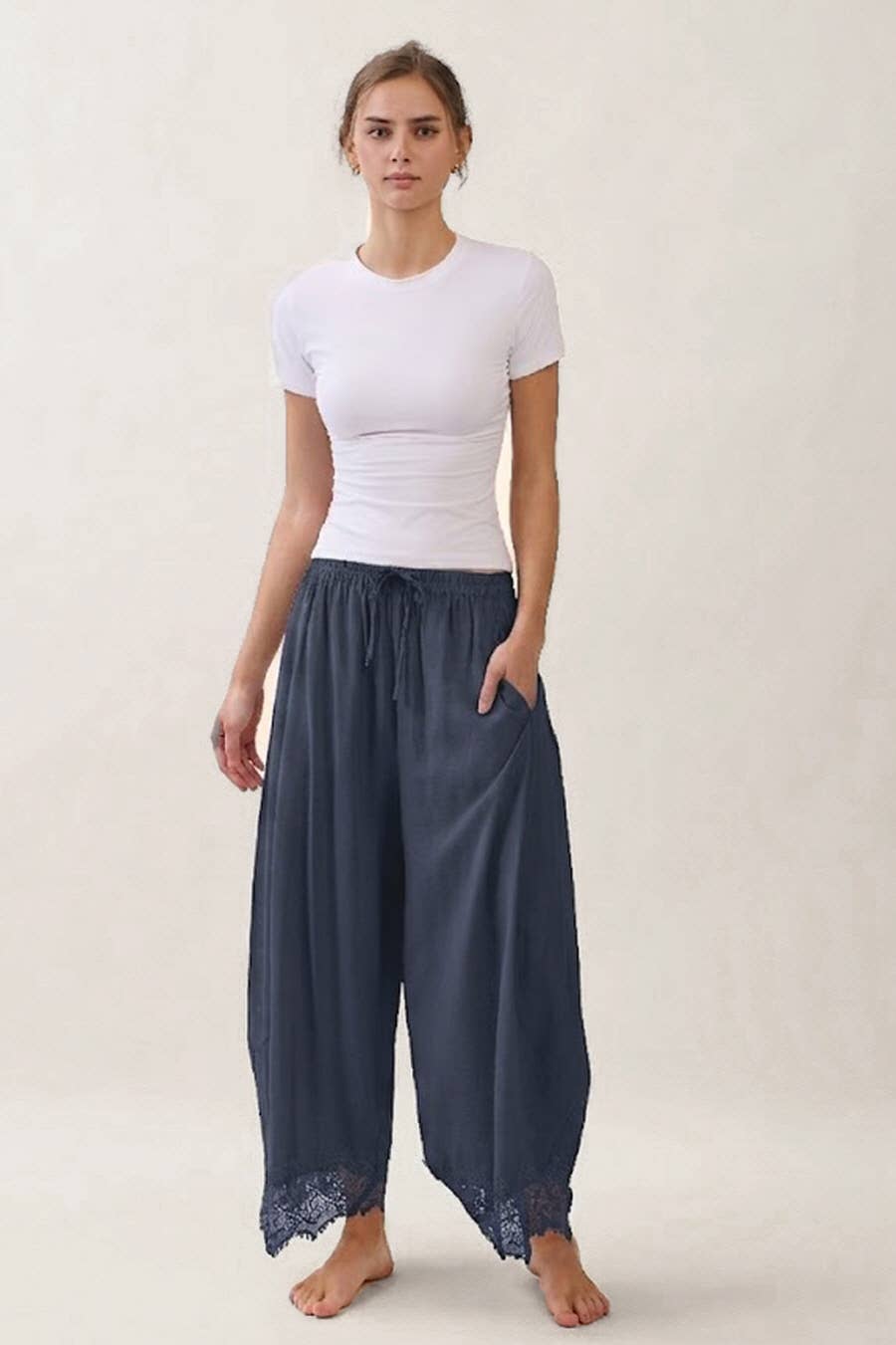 Navy Lace-Trim Wide Leg Pants