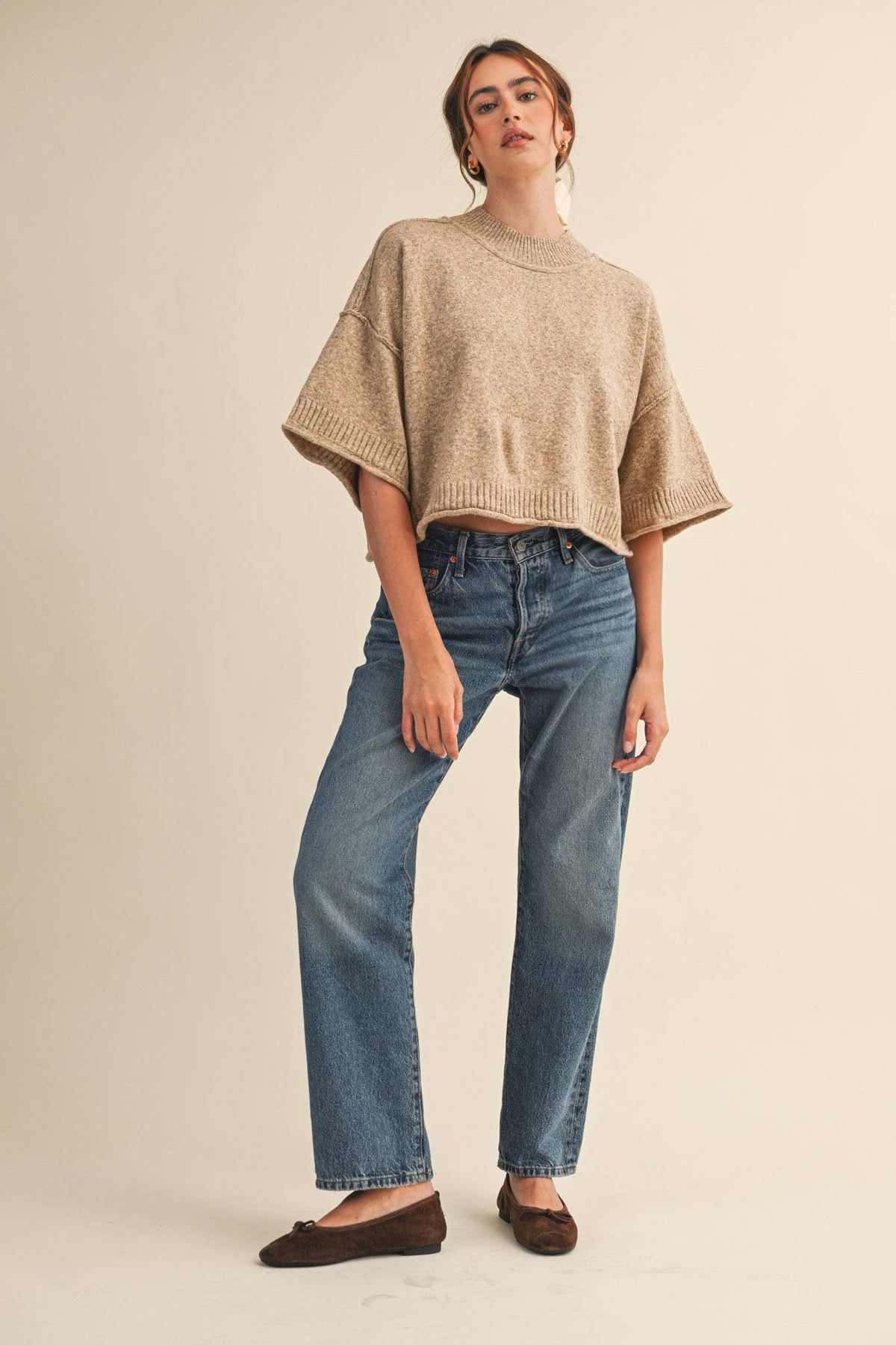 Macy Mock Neck Short Sleeve Sweater in Beige