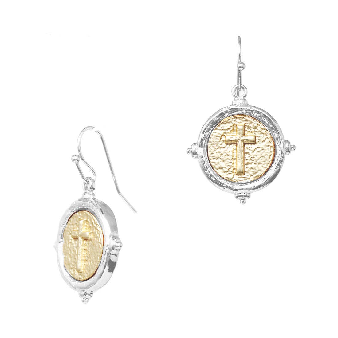 Gold and Silver Cross Stamped Coin Earrings