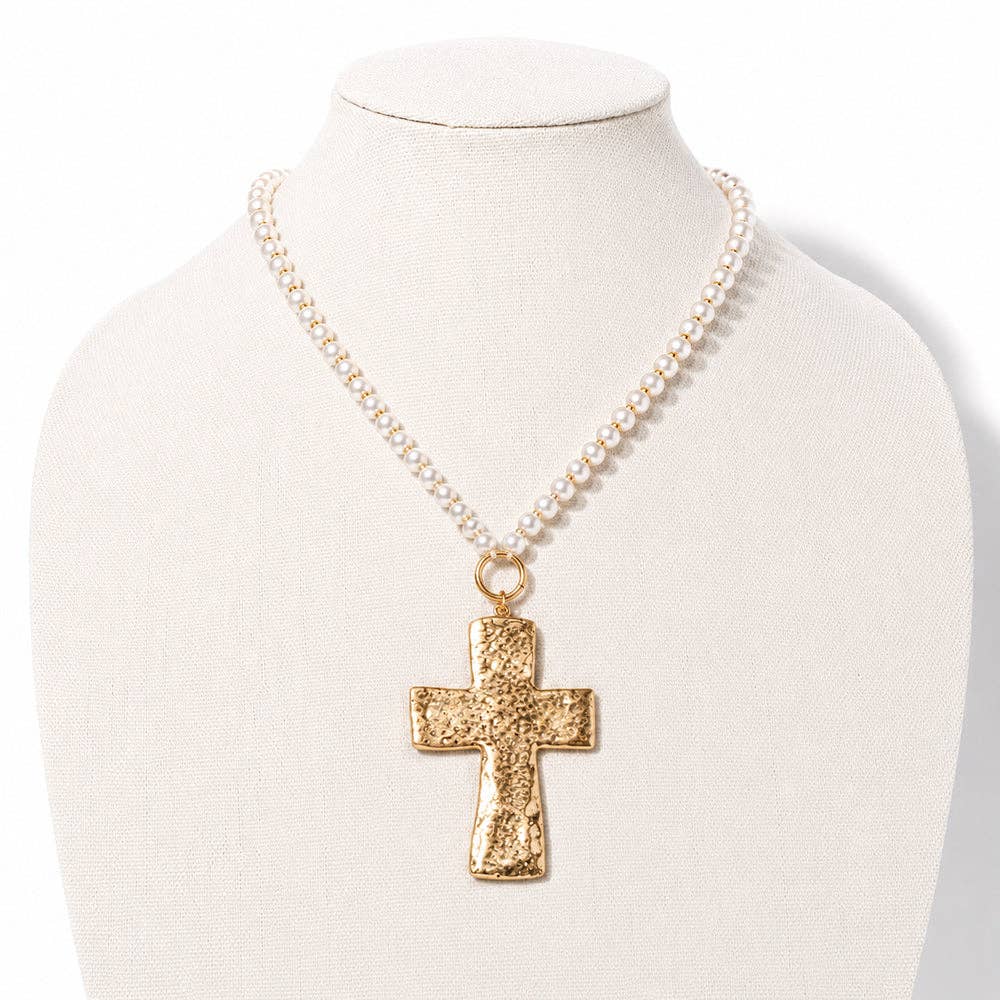 Pearl Beaded Necklace with Cross Pendant