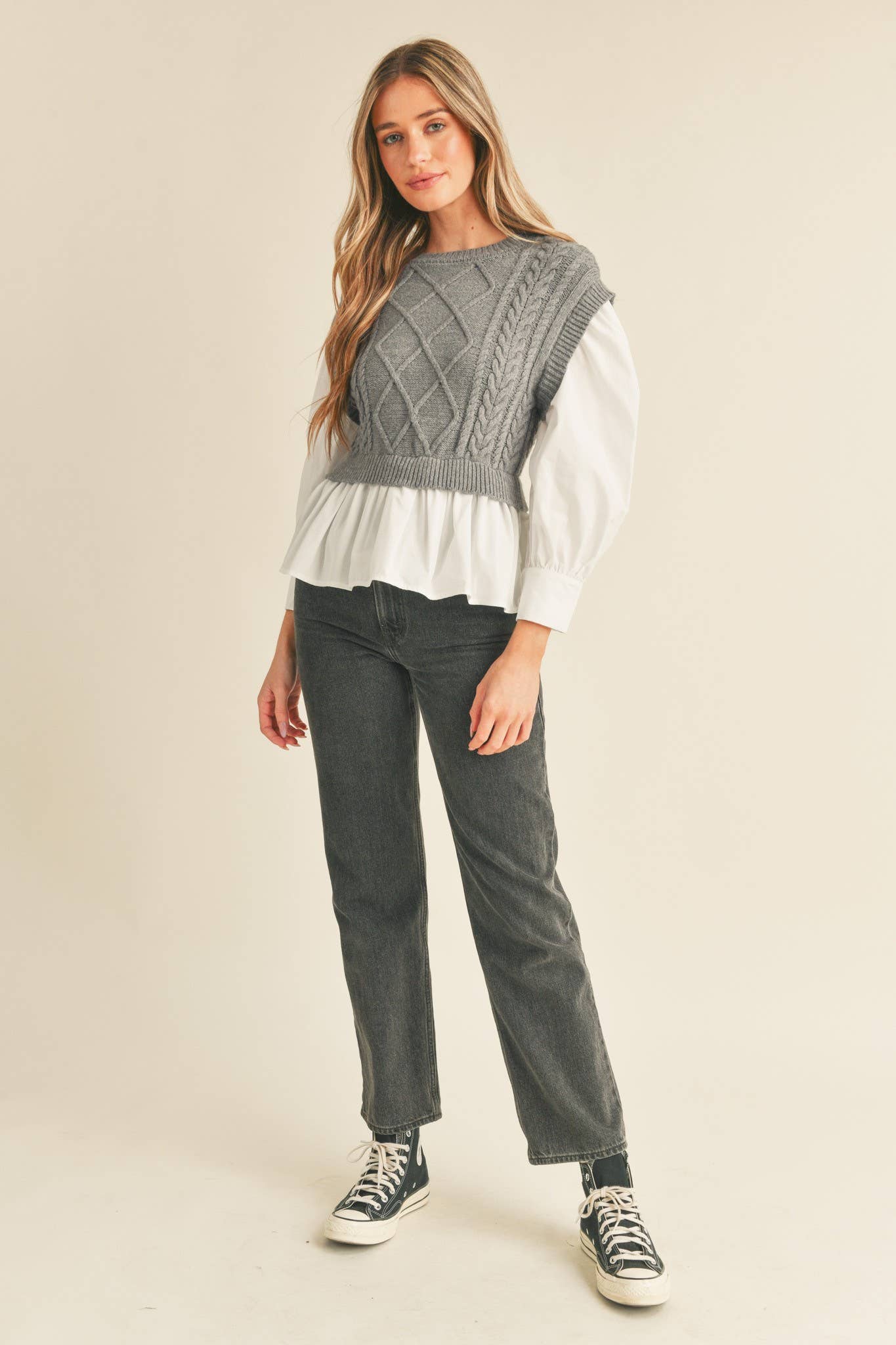 Mixed Media Cable Knit Sweater Top