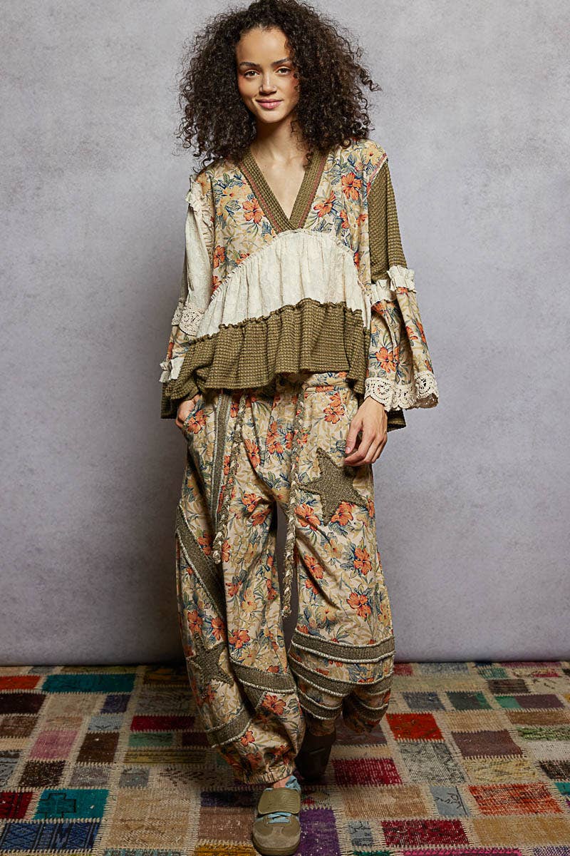 Patchwork Floral Print Ruffle Stitch Woven Top in Olive