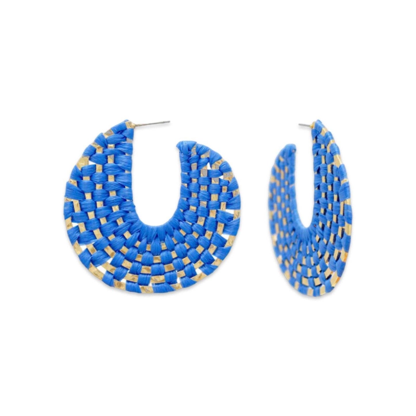 Cobalt Blue + Gold Raffia Wrapped Hoop Earrings