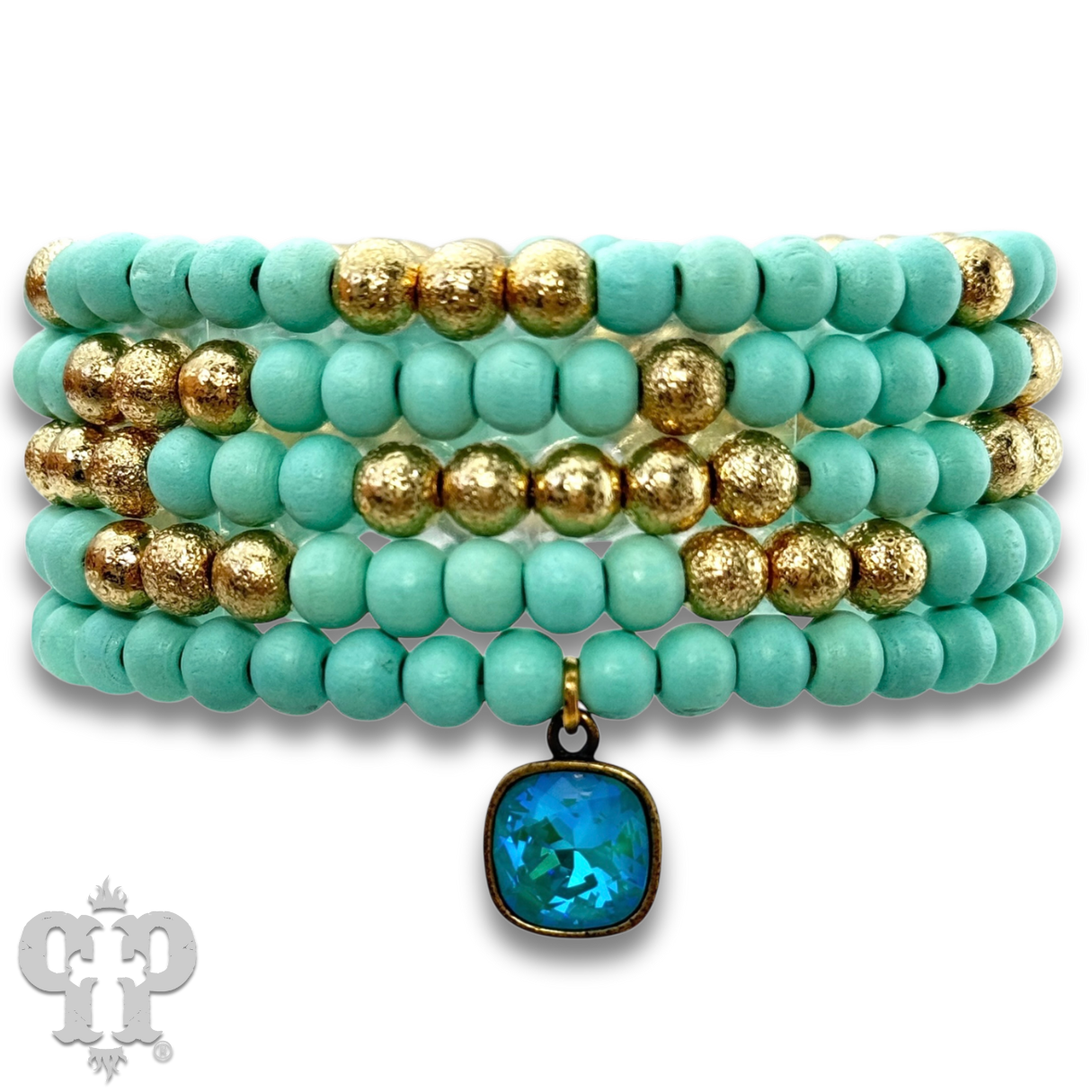 Round wood bead bracelet set, Austrian crystal: Teal