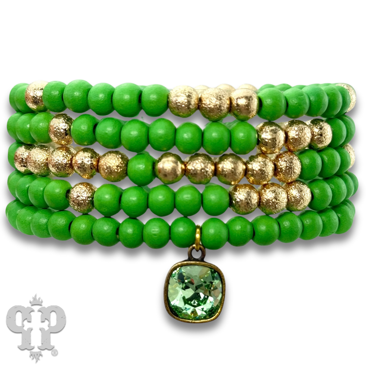Round wood bead bracelet set, Austrian crystal: Green