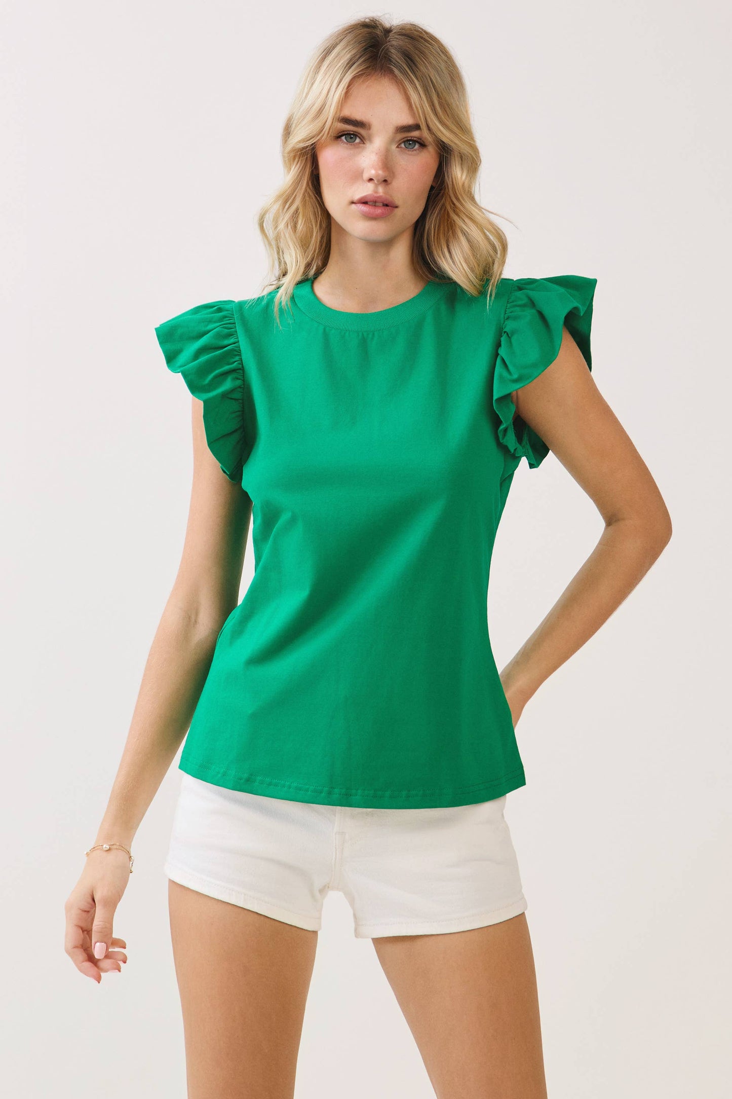 Ruffled Flutter Sleeve Top in Kelly Green