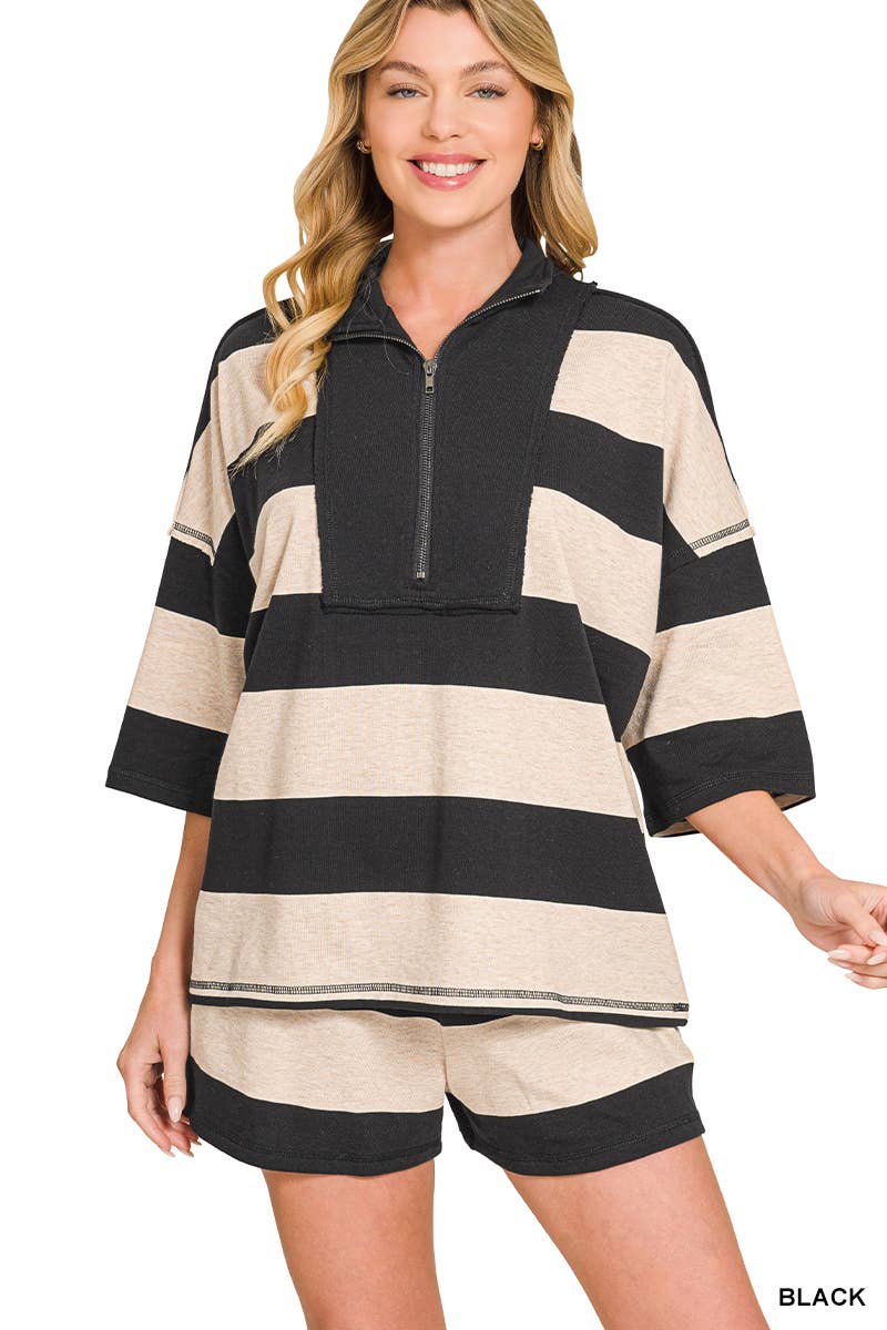 French Terry Striped Half Zip High Neck Top & Shorts Set in Black